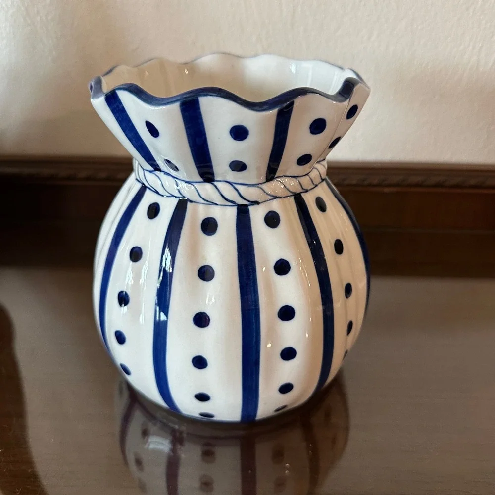 Strata Group Blue White Ceramic Bag Vase 7'' x 6'' Polka Dot Stripe Thailand
